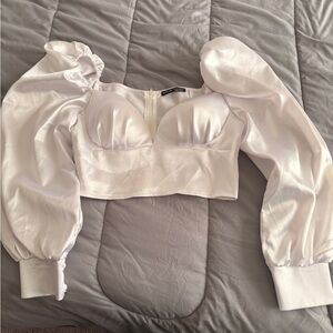 SHEIN White Satin Puff Sleeve Crop Top